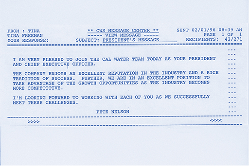 Historical timeline showcasing 100 years of California Water Service 1996