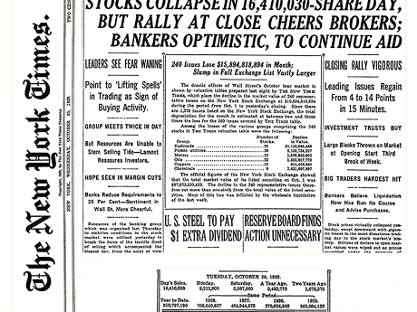 The New York Times newspaper headline on the market crash. - 1929